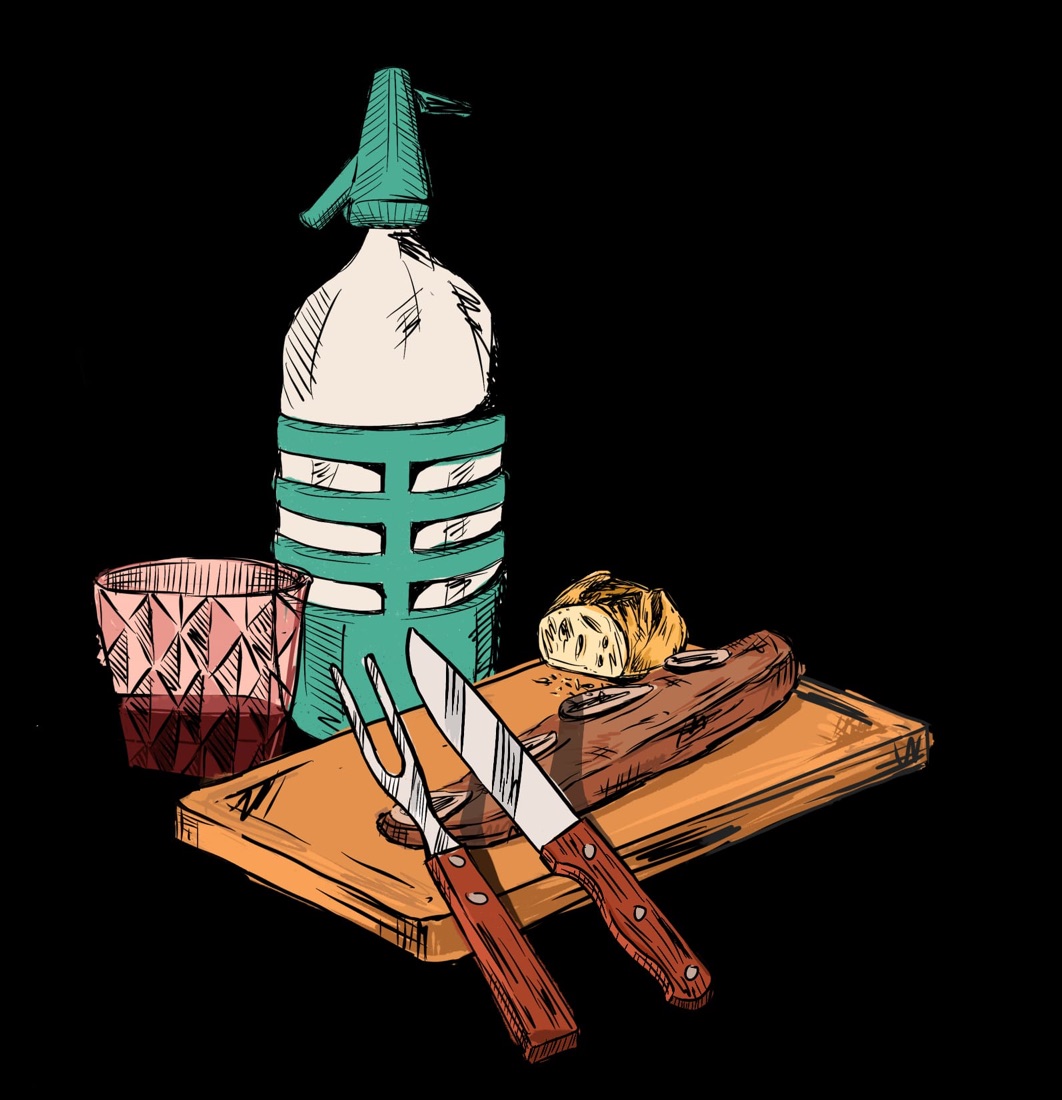 Ilustración de un sifón, un vaso de vino y una tabla con carne a la brasa, pan, cuchillo y tenedor